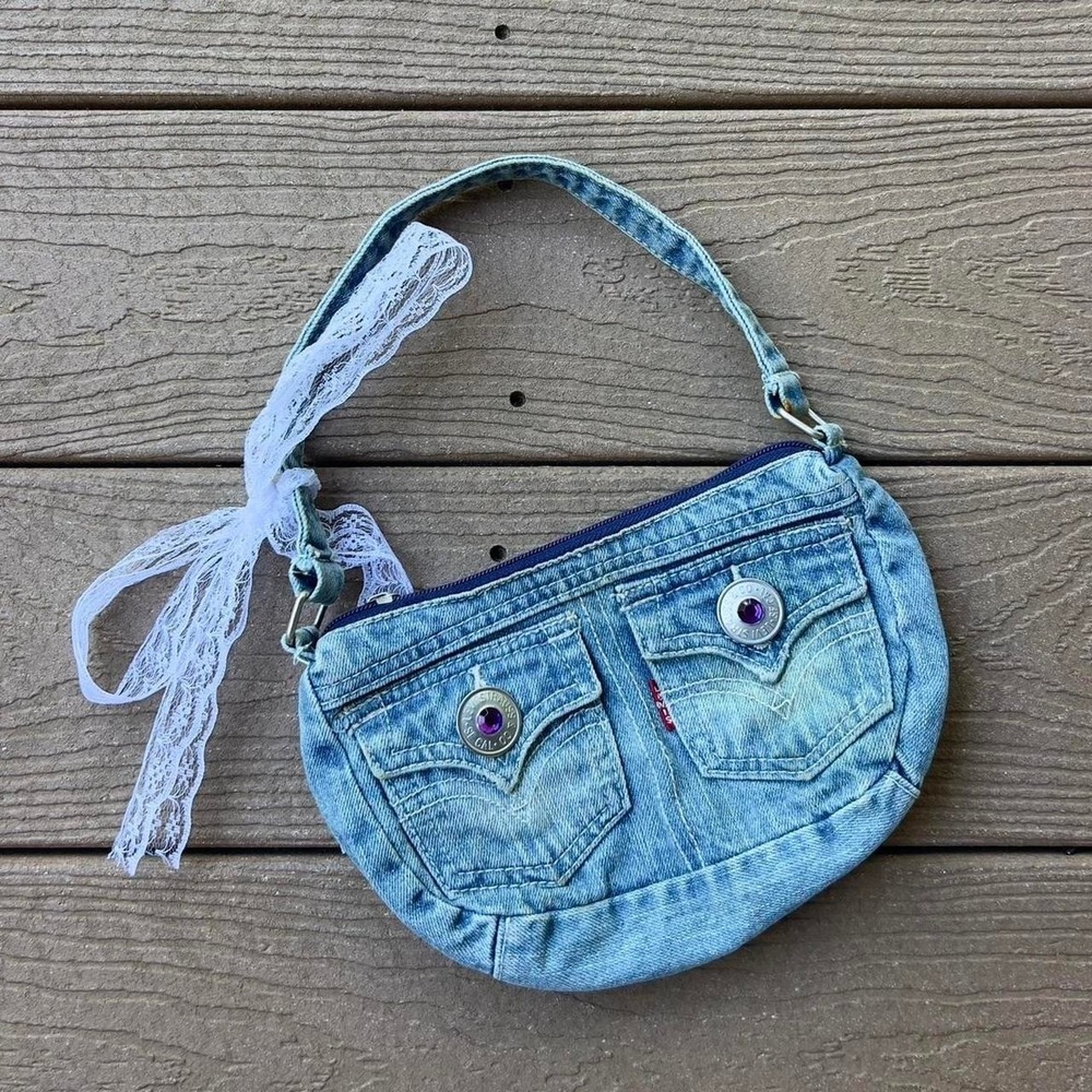 Y2K Levi's Denim Mini‎ Shoulder Purse Bag w/ Purple Jewels 2009